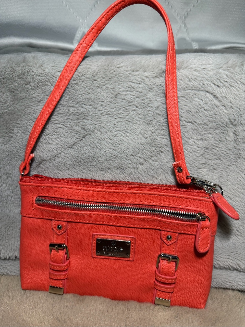 Nicole Miller Coral-Red Mini Shoulder Bag with Silver Hardware